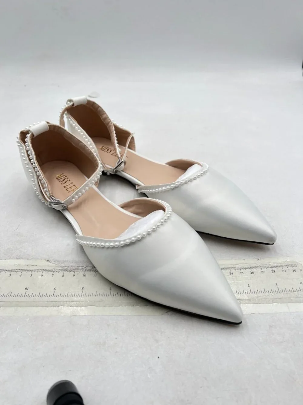 miss left Ivory Lovely Pearls Pointed Toe Flats Ankle Strap Comfortable Sandals